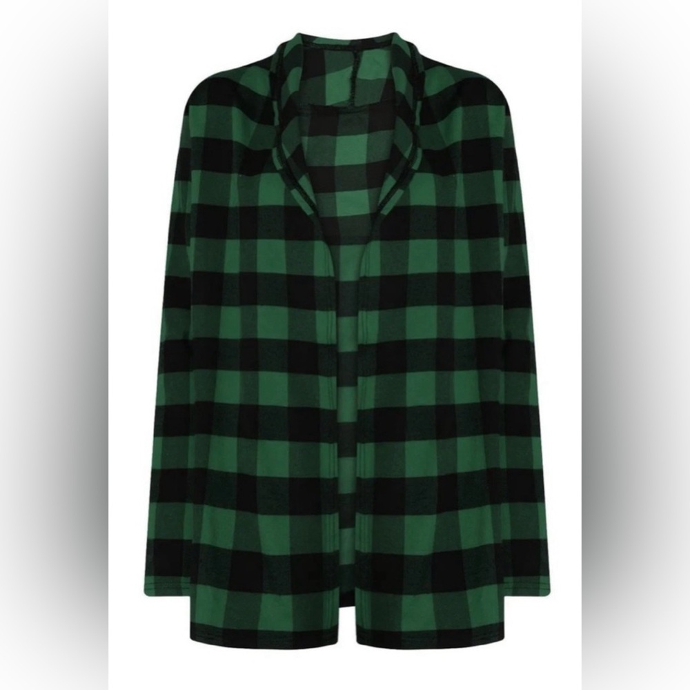 Green & Black Buffalo Plaid Open Front Shacket with Elbow Patches